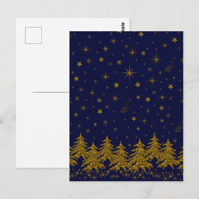 Carte Postale Arbre de Noël en or brillant, étoiles, neige sur b (Devant / Derrière)