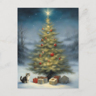 Carte Postale Arbre de Noël extérieur avec chaton et présents