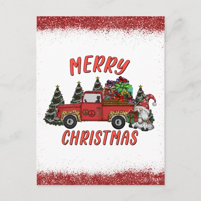 Carte Postale Arbre de Noël Gnome Camion Faux Parties scintillan (Devant)