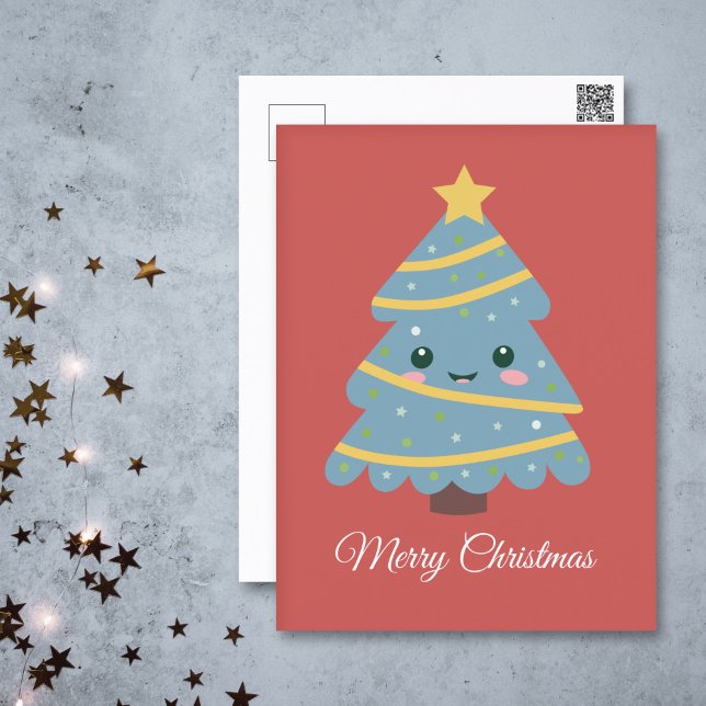 Carte postale Arbre de Noël Kawaii (Kawaii Christmas Tree Red Postcard)