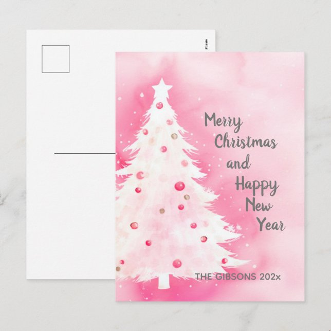 Carte postale Arbre de Noël rose blanc (Devant / Derrière)