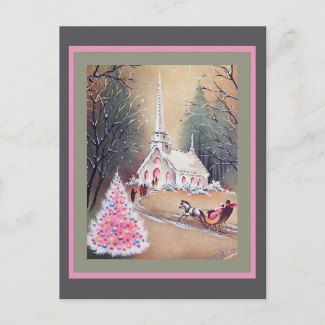Carte Postale Arbre de Noël rose de l'église blanche (Devant)
