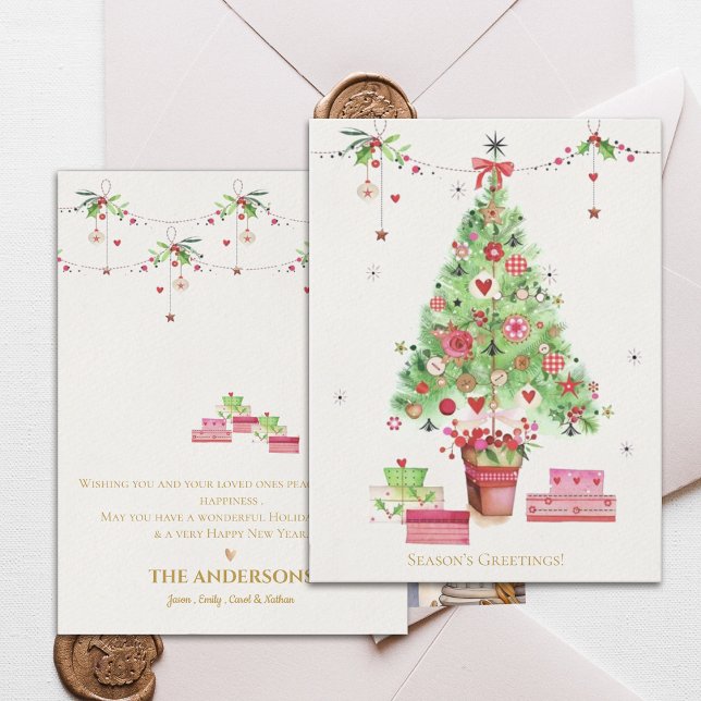 Carte Postale Arbre de Noël vert rose Joyeuses Fêtes (Pink Green Christmas Tree Seasons Greetings Postcard)