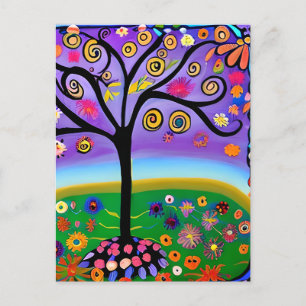 Carte Postale Arbre de style d'art populaire Whimsical Salut