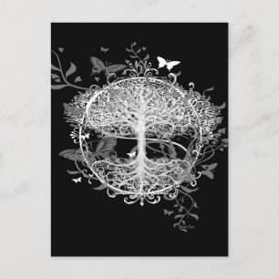 Carte Postale Arbre de vie en blanc avec papillons
