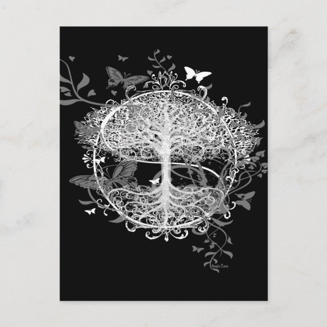 Carte Postale Arbre de vie en blanc avec papillons (Devant)