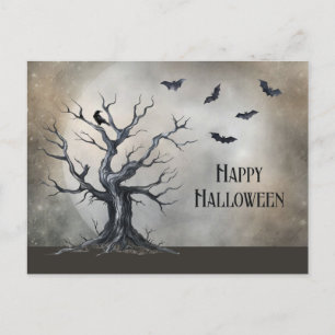 Carte Postale Arbre d'Halloween éffrayant avec corbeau et chauve