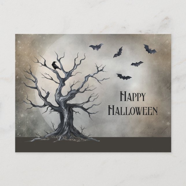 Carte Postale Arbre d'Halloween éffrayant avec corbeau et chauve (Devant)