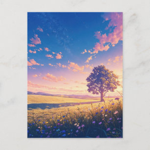 Carte Postale Arbre du soleil d'or et ciel étoilé