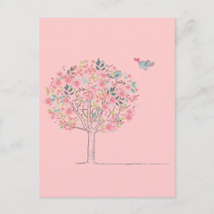 Carte Postale Arbre en fleurs et oiseaux en amour