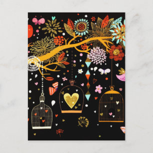 Carte Postale Arbre en fleurs printanières Oiseau doré en amour