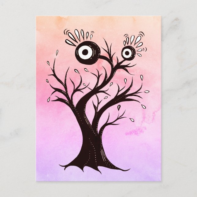Carte Postale Arbre fou Créature Encre Art Imaginaire rose (Devant)