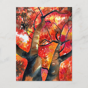 Carte Postale Arbre japonais à feuilles d'érable aquarelle