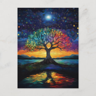 Carte Postale Arbre lunaire de vie bleu Abstrait arc-en-ciel