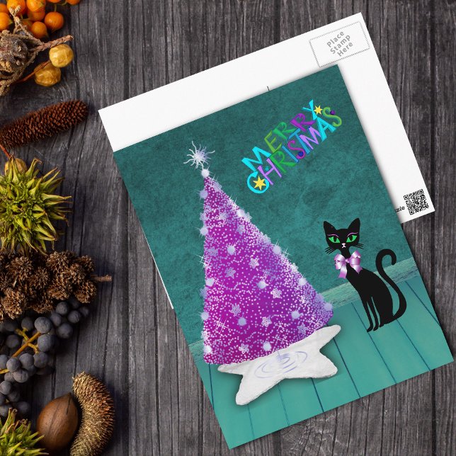 Carte Postale Arbre Rose Argent Noël Chat Noir Atomique Sarcelle (Sparkle silver pink tree on star rug, black atomic cat in teal room on Merry Christmas postcard.)