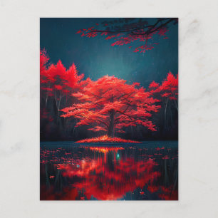 Carte Postale Arbre rouge frappant dans le lac nocturne