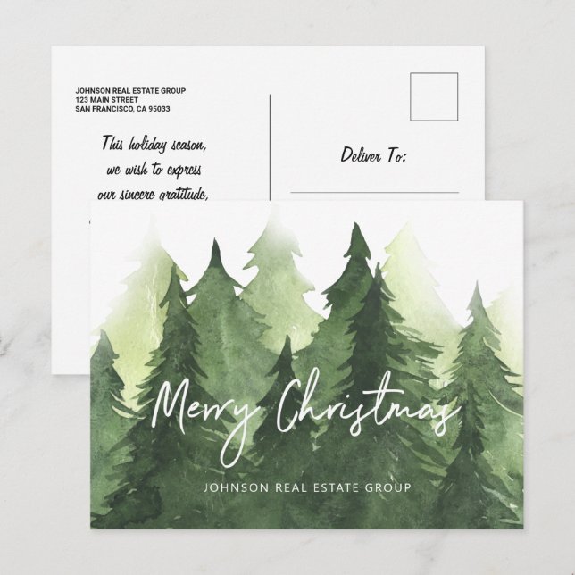 Carte Postale Arbres de pin aquarelle Joyeux Noël d'affaires (Devant / Derrière)