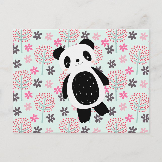 Carte Postale Arbres, fleurs et ours de panda (Devant)