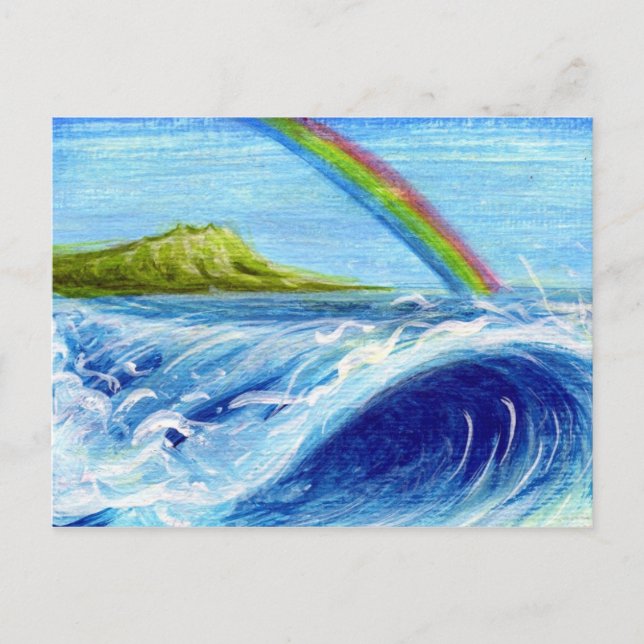 Carte Postale Arc-en-ciel au-dessus de Daimond Head et Wave (Devant)