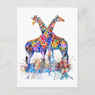 Carte Postale Arc-en-ciel coloré Aquarelle Giraffes