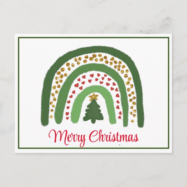 Carte Postale arc-en-ciel de Noël paillettes rouge or vert (Devant)