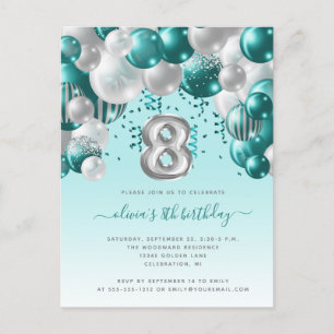 Carte Postale Arche de ballons sarcelle argent 8e anniversaire