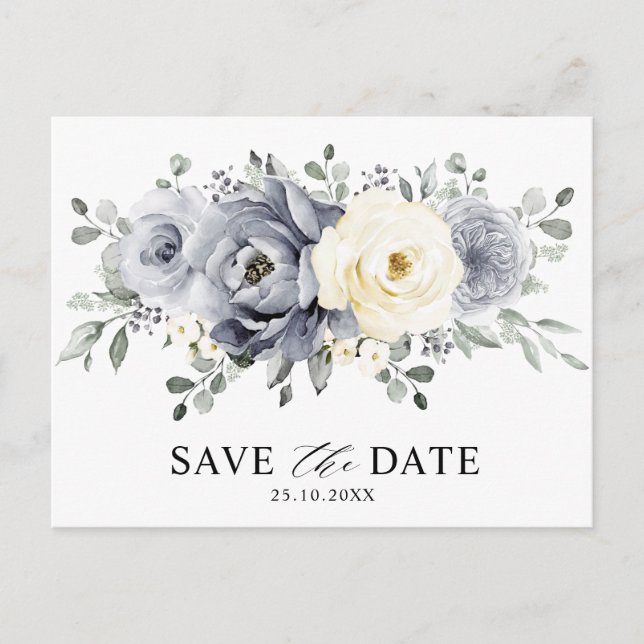Carte Postale Argent Gris ivoire Floral Boho hiver Enregistrer l (Devant)
