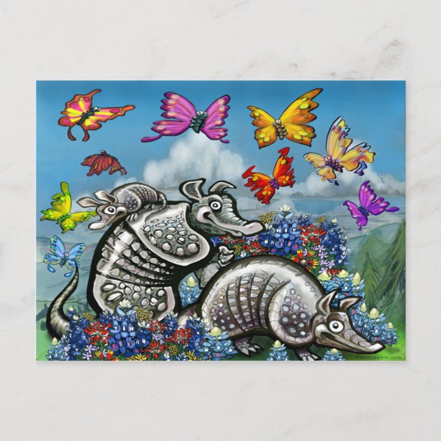 Carte Postale Armadillos Bluebonnets Papillons Fleurs sauvages (Devant)