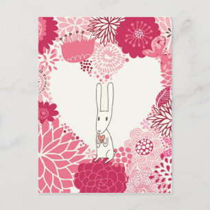Carte Postale Arrière - plan floral romantique avec lapin mignon