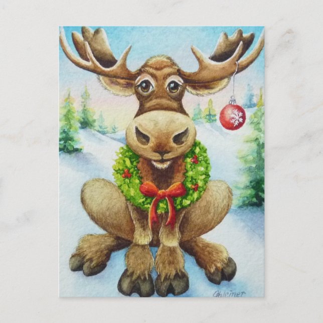 Carte Postale Art à l'aquarelle de l'élan de Noël de l'hiver fan (Devant)