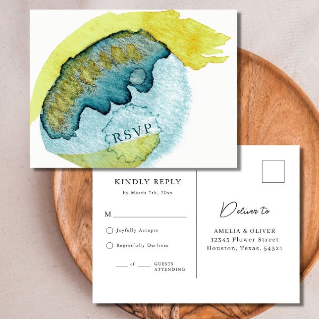Carte Postale Art Abstrait Aquarelle Bleue RSVP de Mariage Uniqu (Front/Back)