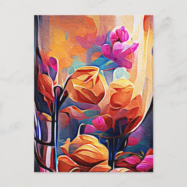 Carte Postale Art abstrait floral orange rouge fleurs bleues (Devant)