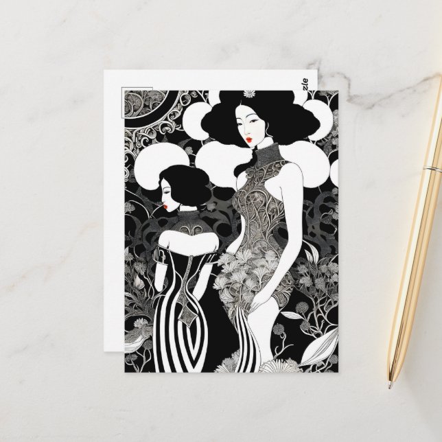 Carte Postale Art asiatique femme encre, Post-croisement (Devant/Arrière en situation)