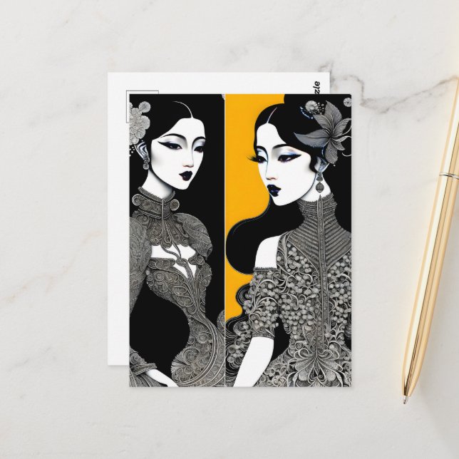 Carte Postale Art asiatique femme encre, Post-croisement (Devant/Arrière en situation)