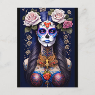Carte Postale Art crâne sucre - Femme dans le maquillage crâne s