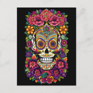 Carte Postale Art de crâne en sucre - Dia de los Muertos coloré