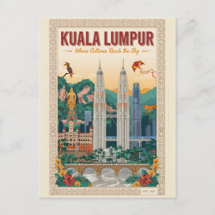 Carte Postale Art de l'affiche de voyage rétro Kuala Lumpur Mala