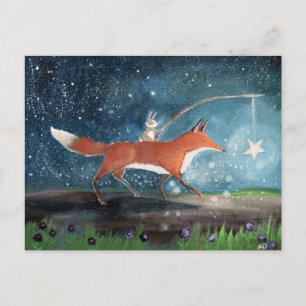 Carte Postale Art de livre illustré de renard et de lapin fantai