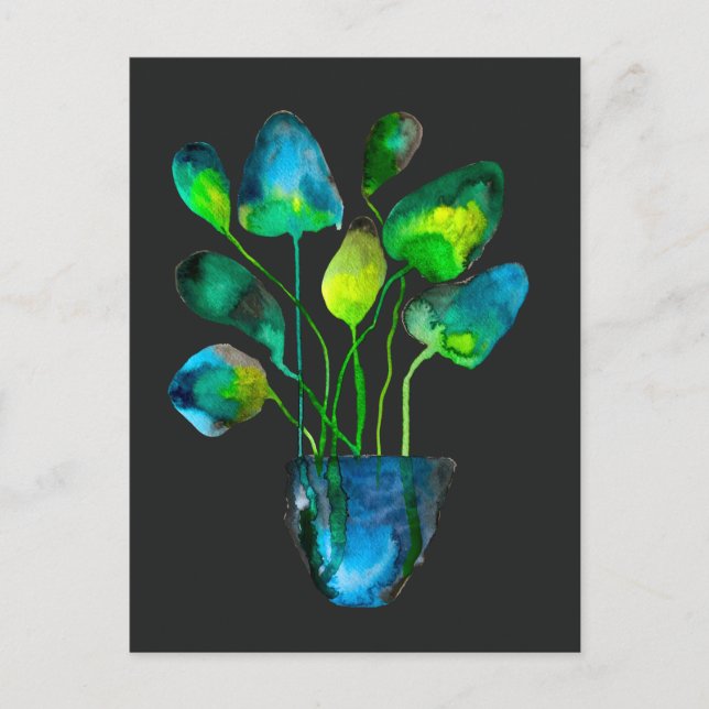 Carte Postale Art de plante à l'aquarelle vert et bleu abstrait (Devant)