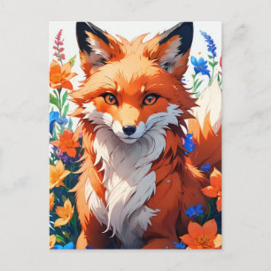 Carte Postale Art de renard aux fleurs