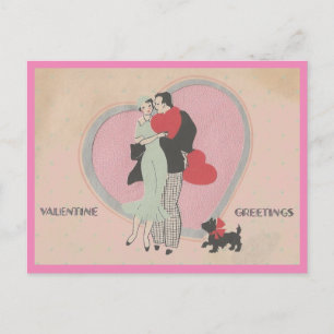 Carte Postale Art Déco Cute Couple & Chien Vintage Valentine