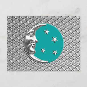 Carte Postale Art Déco Lune et étoiles - Turquoise & Silver