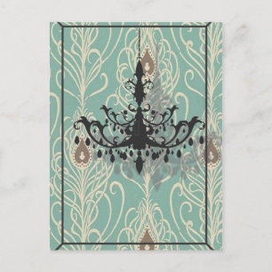 Carte Postale Art déco paon turquoise lustre noir vintage