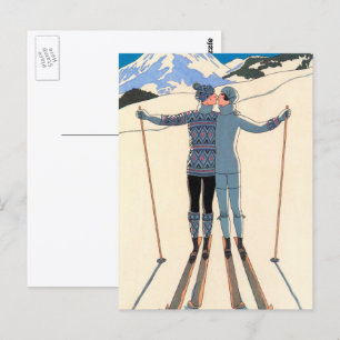 Carte Postale Art Déco vintage, Amants dans la neige par George 