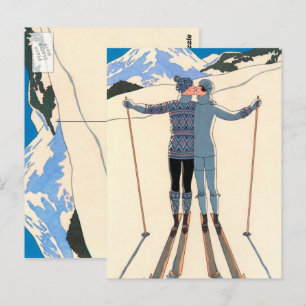 Carte Postale Art Déco vintage, Amants en Neige par George Barbi
