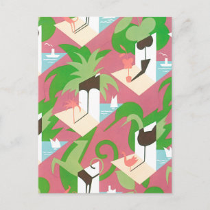 Carte Postale Art Déco vintage Jazz Pochoir Palmiers et Oiseaux
