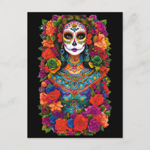 Carte Postale Art du crâne de sucre - Belle femme en fleurs