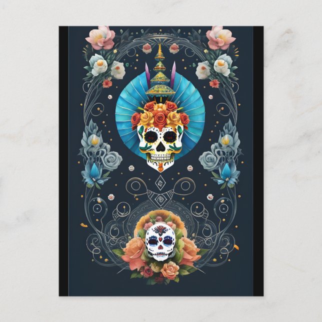 Carte Postale Art du crâne de sucre - Vibrant Dia de los Muertos (Devant)