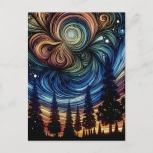 Carte Postale Art éthéré mystique avec des arbres et un ciel noc