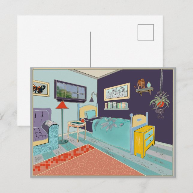 Carte Postale Art expressionniste chambre bleue (Devant / Derrière)